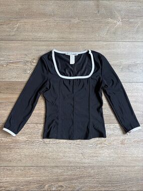 Vintage Y2K 90s Necessary Objects Black Long Sleeve Square Neck Top w White Trim